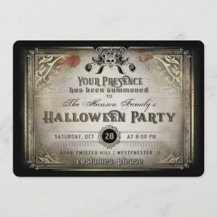 Gothic Halloween Elegance Party Black & Guld Skull Inbjudningar