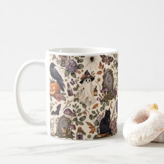 Gothic Halloween Ravens Cats Ghosts Floral Pattern Kaffemugg