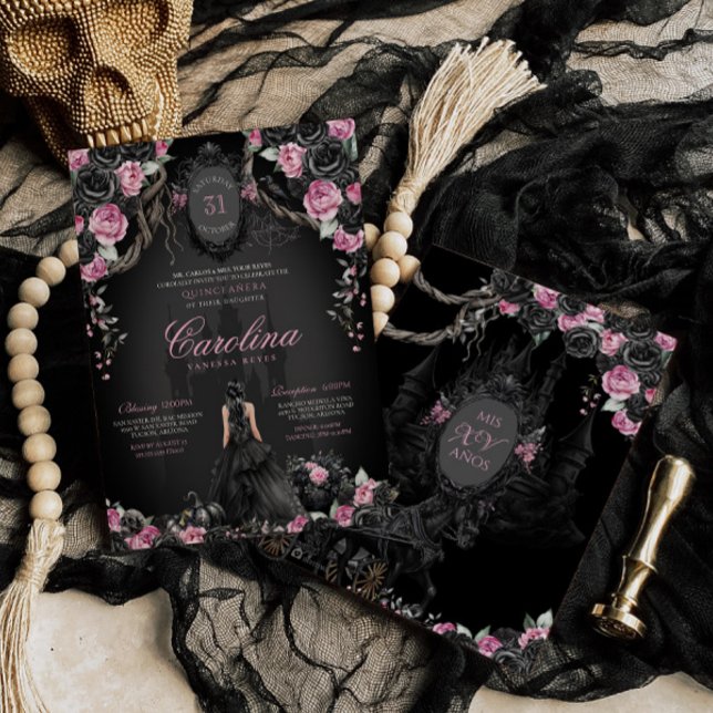 Gothic Halloween Rosa Black Princess Quinceanera Inbjudningar (Skapare uppladdad)