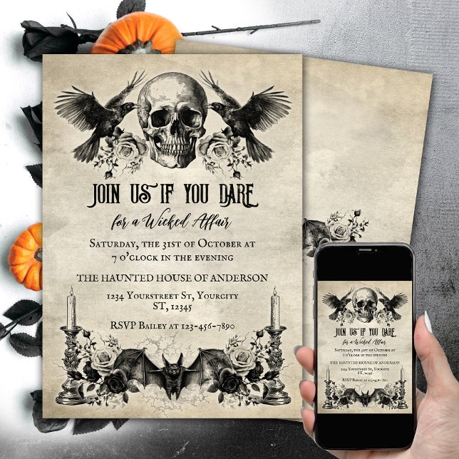 Gothic Halloween-skallskandle fladdermus-raven sva Inbjudningar (Gothic Halloween invitaion, skull, ravens, bat, candles. Wicked affair.)