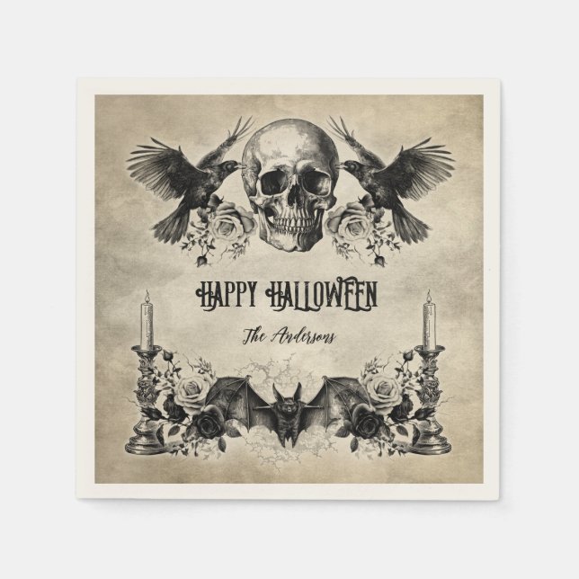 Gothic Halloween-skallskandle fladdermus-raven sva Pappersservett (Framsidan)