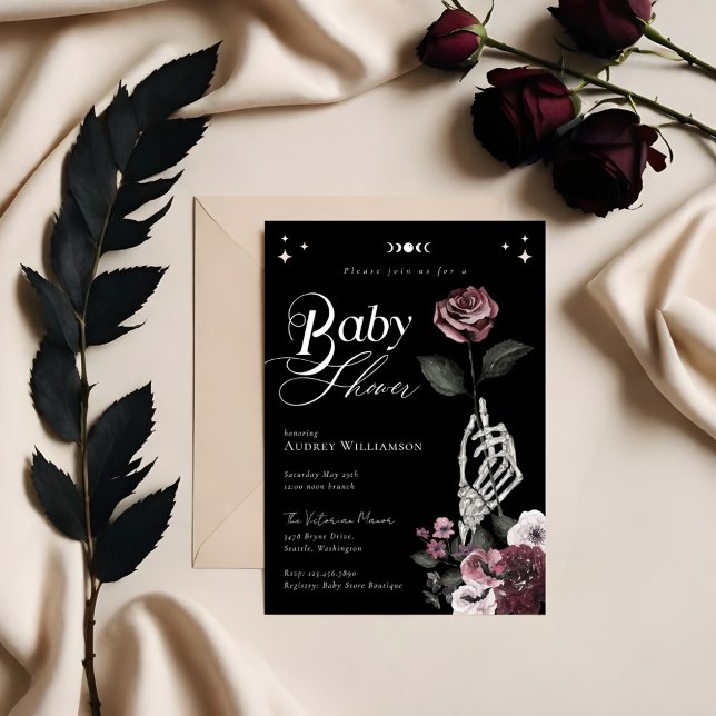 Gothic Halloween Skeleton Hand Ro Baby Shower Inbjudningar (Gothic Halloween Skeleton Hand Rose Baby Shower Invitation (Front))