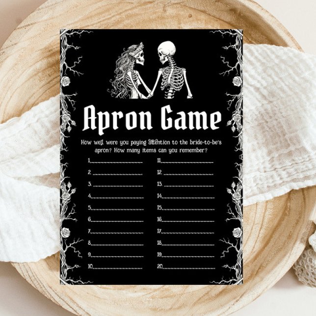 Gothic Halloween Skeleton Möhippa Apron Game Inbjudningar (Gothic Halloween Skeleton Bridal Shower Apron Game )