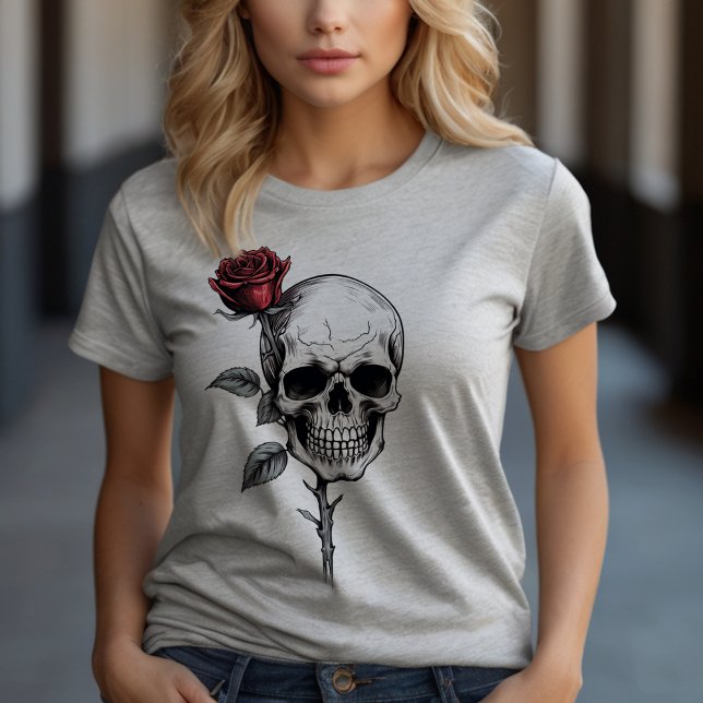 Gothic Halloween Skull och Ro T Shirt (Embrace your edgy side with our "Skull with Flower" tee—a perfect blend of fierce and floral style!)