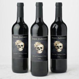 Gothic Halloween Skull Vit ros Personlig Vinflaska Etikett