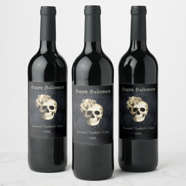 Gothic Halloween Skull Vit ros Personlig Vinflaska Etikett (Flaskor)