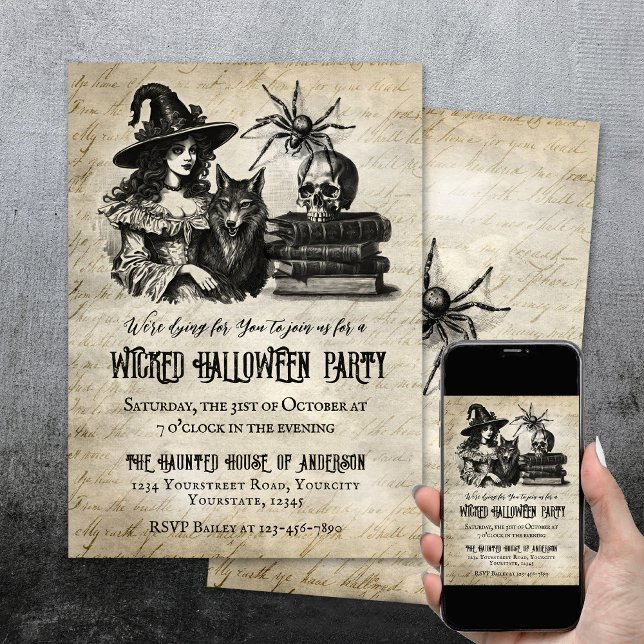 Gothic Halloween-varg för skallspindlar Inbjudningar (Halloween party invite with witch wolf skull spider.)