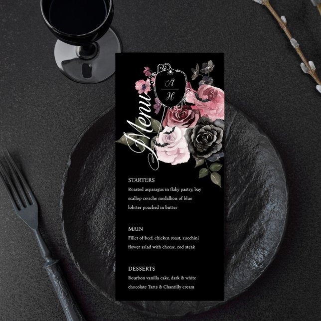 Gothic Halloween Watercolor Blommigt Monogram Vape Meny (Gothic Halloween Watercolor Floral Monogram Crest Menu)