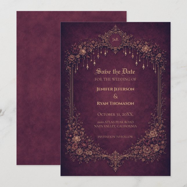 Gothic halloween wedding save the date invitation meddelande (Fram/baksida)