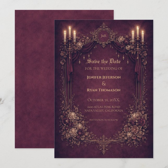 Gothic halloween wedding save the date invitation meddelande (Fram/baksida)