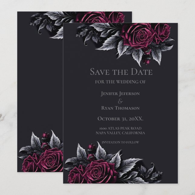 Gothic halloween wedding save the date invitation meddelande (Fram/baksida)