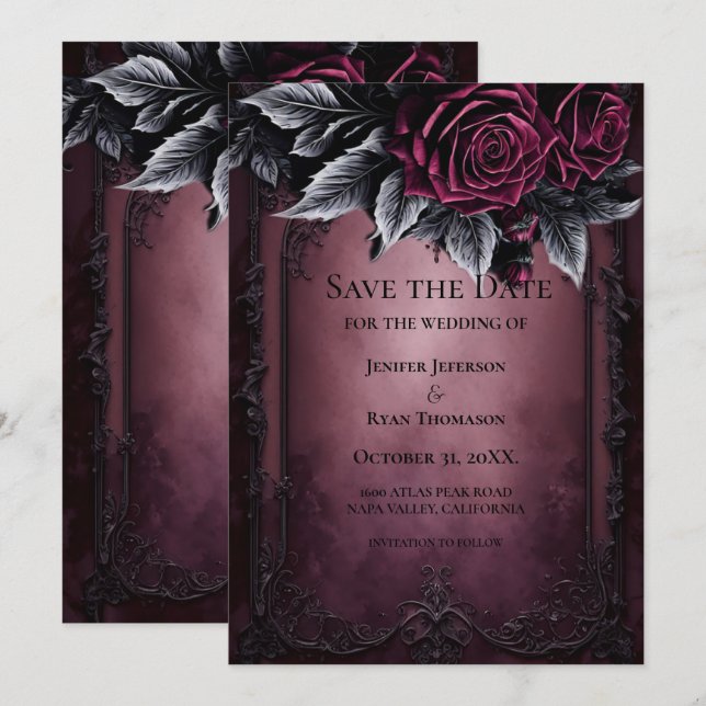 Gothic halloween wedding save the date invitation meddelande (Fram/baksida)