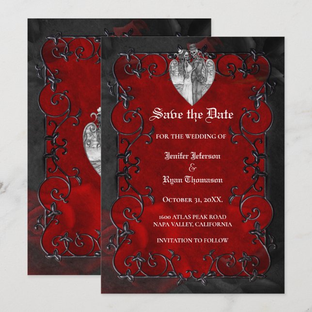 Gothic halloween wedding save the date invitation meddelande (Fram/baksida)