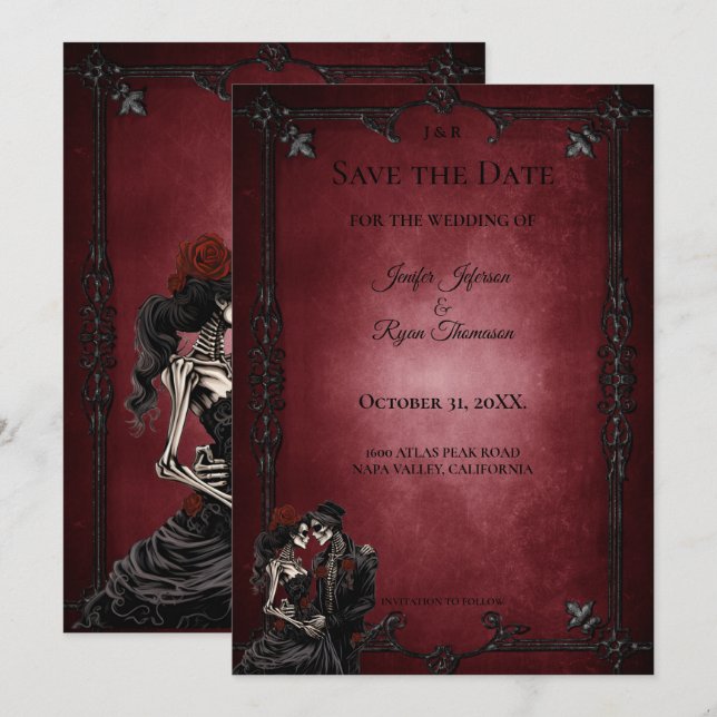 Gothic halloween wedding save the date invitation meddelande (Fram/baksida)