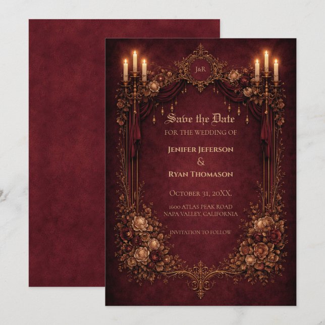 Gothic halloween wedding save the date invitation meddelande (Fram/baksida)