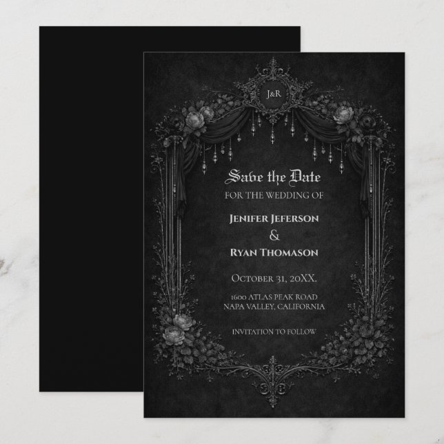 Gothic halloween wedding save the date invitation meddelande (Fram/baksida)