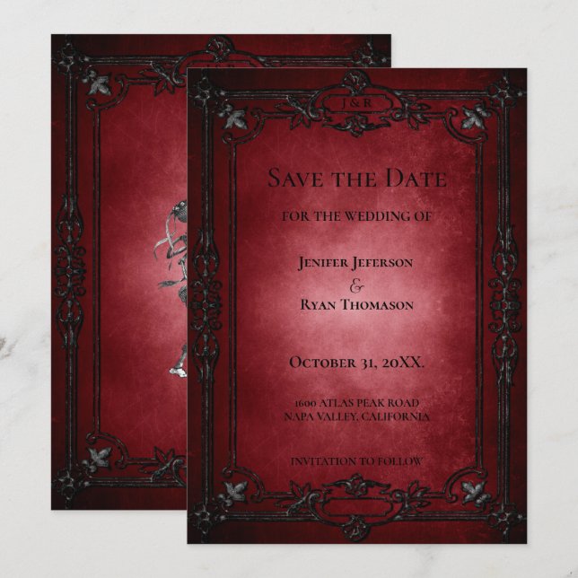 Gothic halloween wedding save the date invitation meddelande (Fram/baksida)