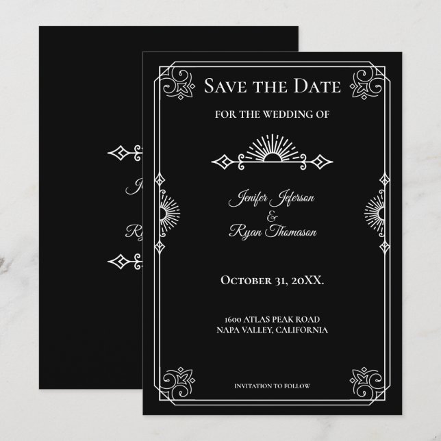 Gothic halloween wedding save the date invitation meddelande (Fram/baksida)
