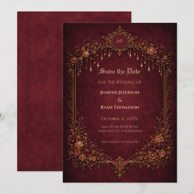 Gothic halloween wedding save the date invitation meddelande (Fram/baksida)