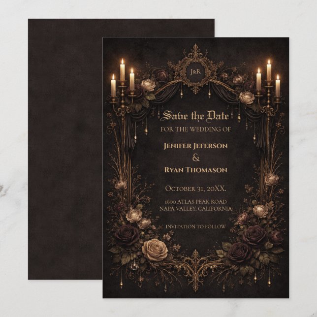 Gothic halloween wedding save the date invitation meddelande (Fram/baksida)