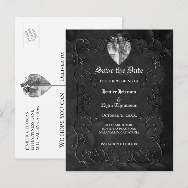 Gothic halloween wedding save the date postcard meddelande vykort (Fram/baksida)