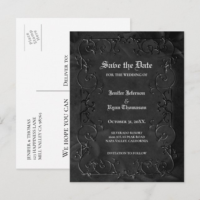 Gothic halloween wedding save the date postcard meddelande vykort (Fram/baksida)
