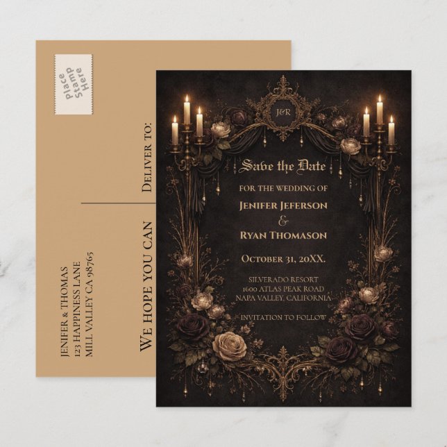 Gothic halloween wedding save the date postcard meddelande vykort (Fram/baksida)