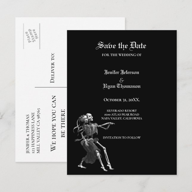 Gothic halloween wedding save the date postcard meddelande vykort (Fram/baksida)