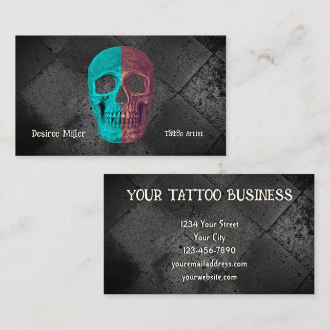 Gothic Halva Skull Teal Black Tatto Shop Visitkort (Fram/baksida)