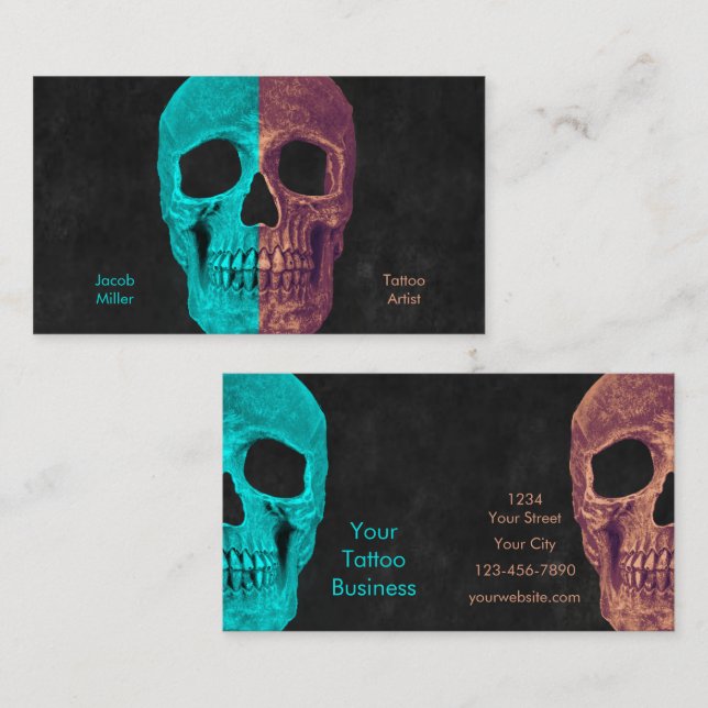 Gothic Halva Skull Teal Brown Black Tatto Shop Visitkort (Fram/baksida)