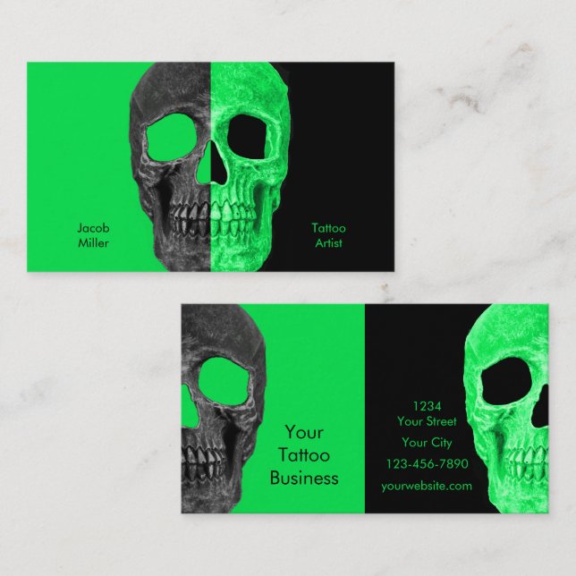 Gothic Halvskull Black Neon Grönt Tatto Shop Visitkort (Fram/baksida)