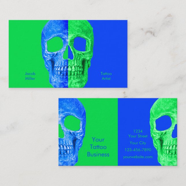 Gothic Halvskull Neon Grönt Blue Tatto Shop Visitkort (Fram/baksida)