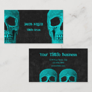 Gothic Halvskullig Teal Black Tattoo Artist Visitkort