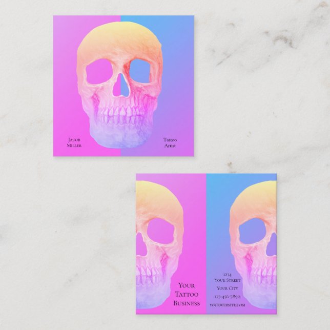 Gothic Halvskullsblå Rosa Lila Tatto Shop Fyrkantigt Visitkort (Fram/baksida)
