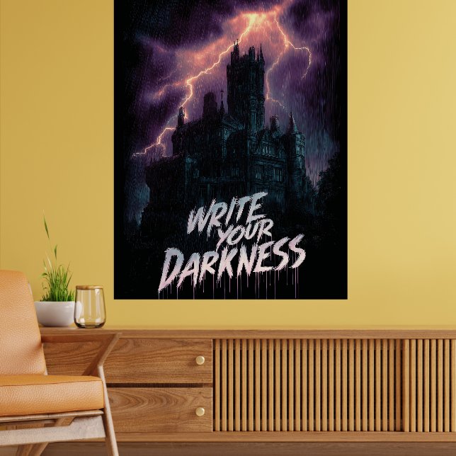 Gothic Haunted Castle under Thunderstorm med text Poster (Vardagsrum 2)
