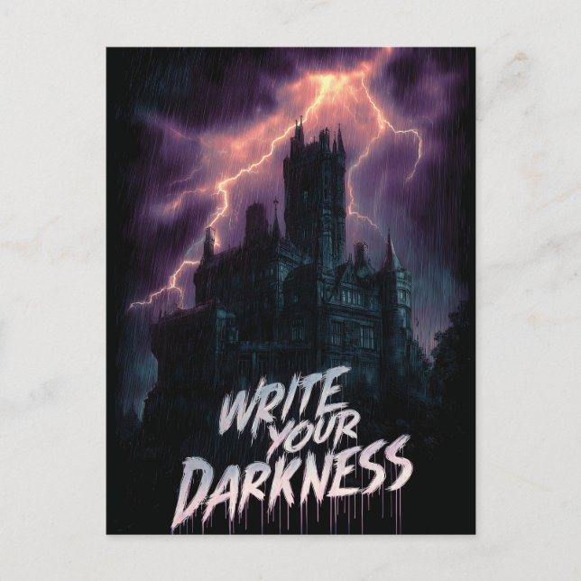 Gothic Haunted Castle under Thunderstorm med text Vykort (Framsida)