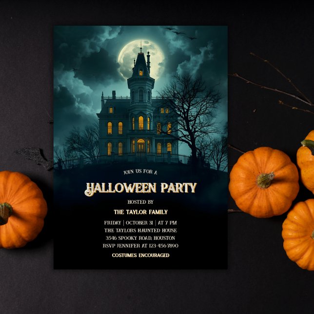 Gothic Haunted House Halloween fest Inbjudningar (Gothic Haunted House Halloween Party Invitation – Full Moon Night | Annual Costume Party)