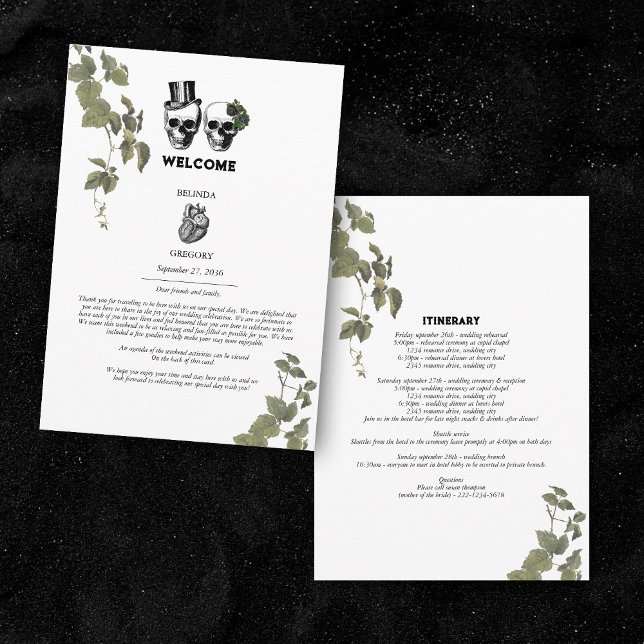 Gothic Heart Blommigt Skull Bröllop Itinerary Program (Gothic Heart Floral Skull Wedding Itinerary Program)