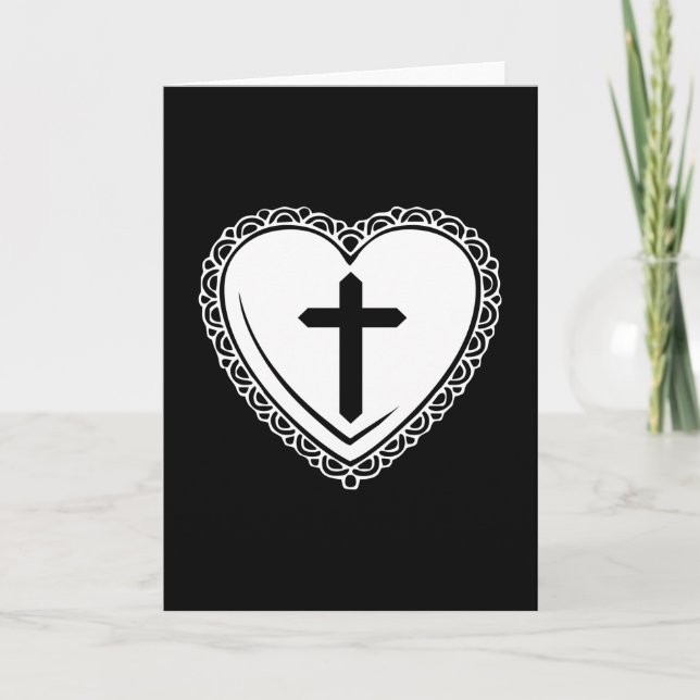 Gothic Heart & Cross Greeting Card (Svart & Vitt) Helgkort (Framsida)