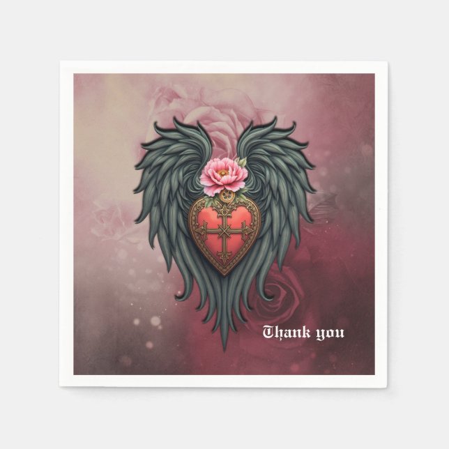 Gothic Heart med Bloom och Vingar.. Pappersservett (Framsidan)