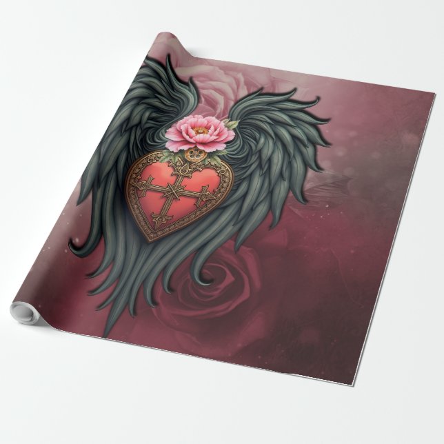 Gothic Heart med Bloom och Vingar.. Presentpapper (Utrullad)