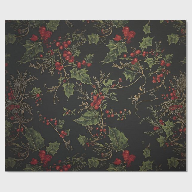 Gothic Holly Wrapping Paper |Dark Christmas Floral Presentpapper (Platt)