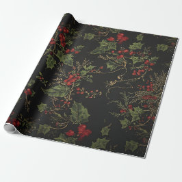Gothic Holly Wrapping Paper |Dark Christmas Floral Presentpapper