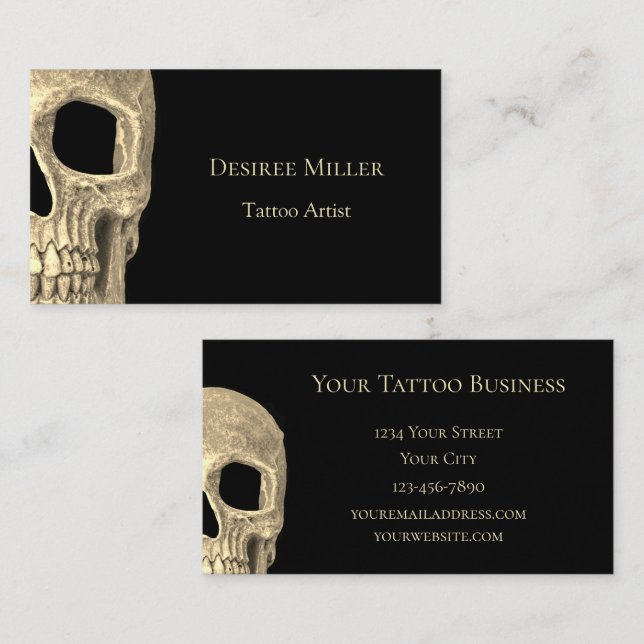 Gothic Human Skull Ansikte Beige Black Tatto Shop Visitkort (Fram/baksida)