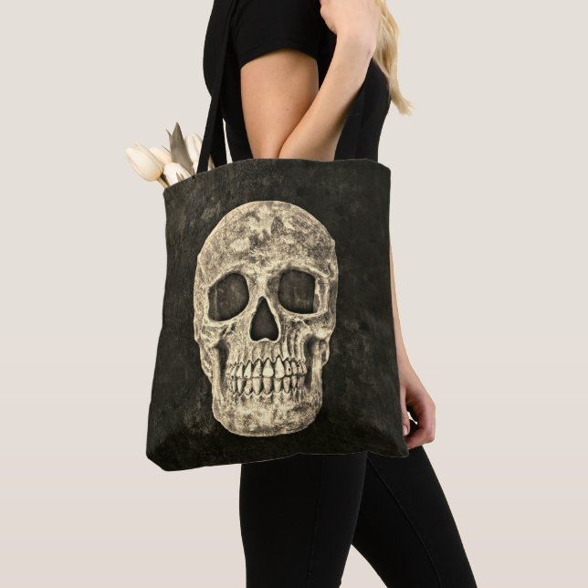 Gothic Human Skull Beige Black Old Grunge Struktur Tygkasse (Närbild)