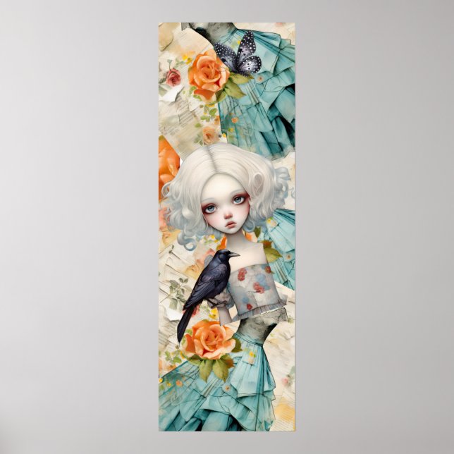 Gothic Inspired Blue Dress Peach Blommigts Raven Poster (Framsidan)