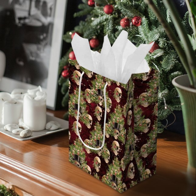 Gothic Julgran Döskallar och Ljus Red (Gothic Christmas Tree Skulls and Lights Red Medium Gift Bag)
