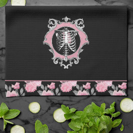Gothic Kärlek | Rosa och svart Blommigt av Skeleto Kökshandduk