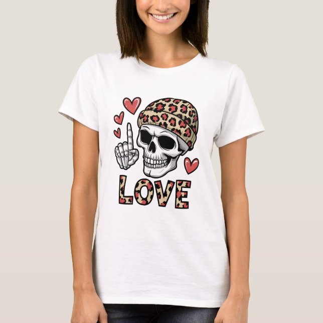 Gothic Kärlek - Skull med leopard Print Beanie T Shirt (Framsida)