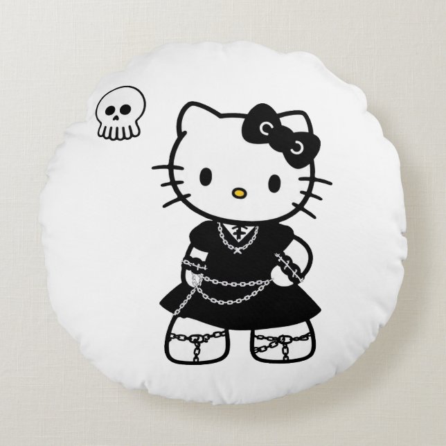 Gothic Kawaii Kitty – Emo Aesthetic Round Throw Pi Rund Kudde (Framsidan)